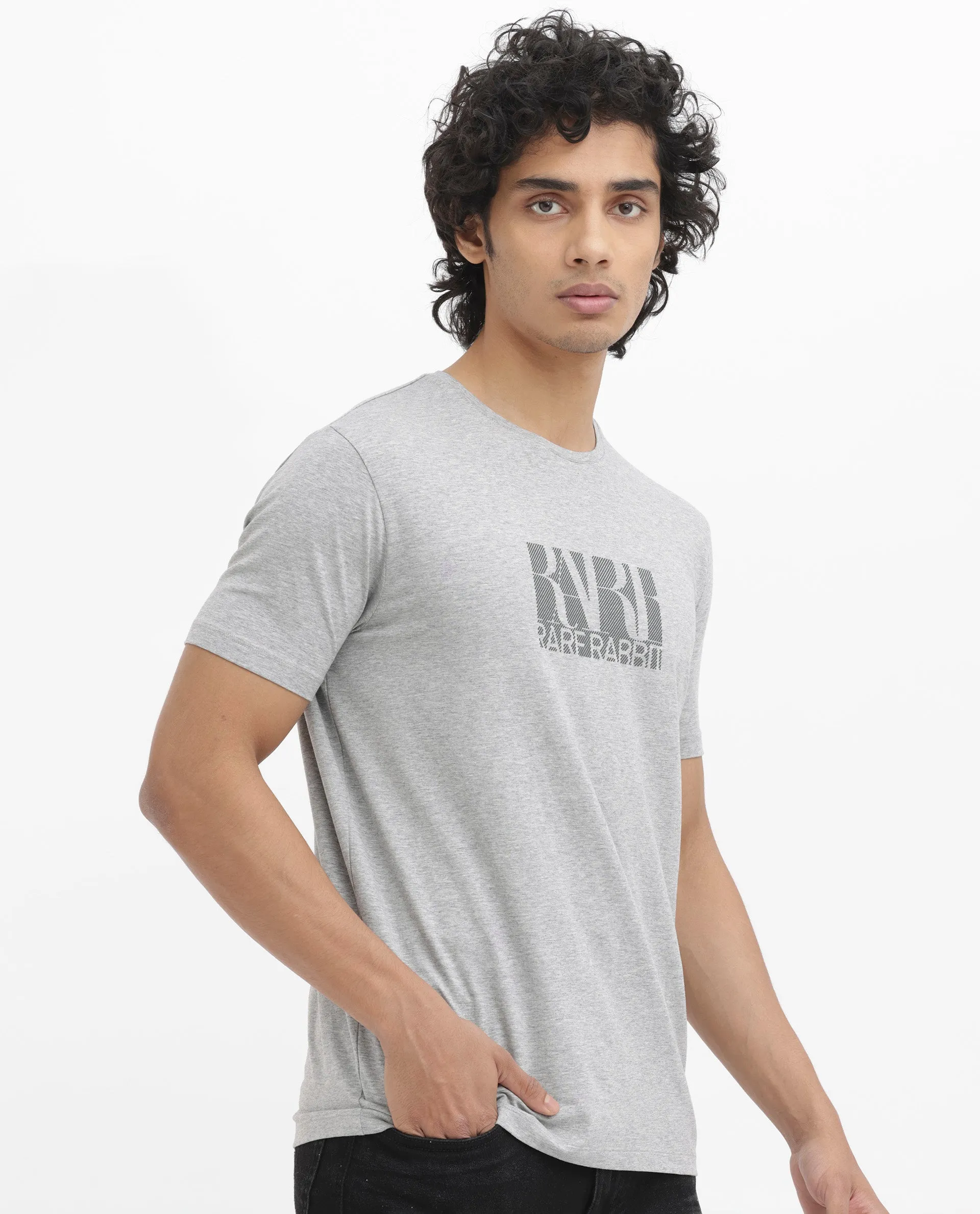 Rare Rabbit Men's Luno Mel Grey Cotton Lycra Fabric Half Sleeves Melange Graphic Print T-Shirt