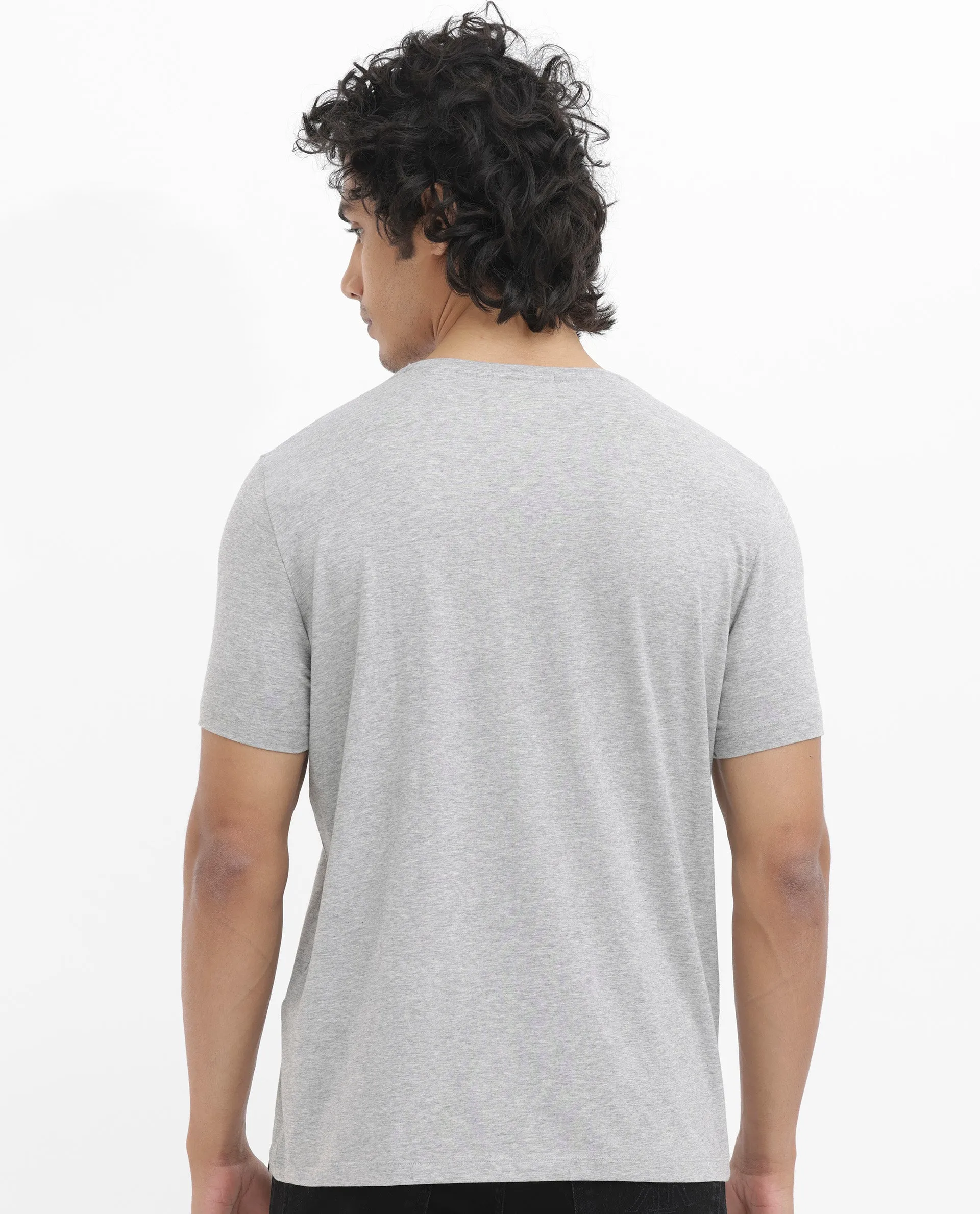 Rare Rabbit Men's Luno Mel Grey Cotton Lycra Fabric Half Sleeves Melange Graphic Print T-Shirt