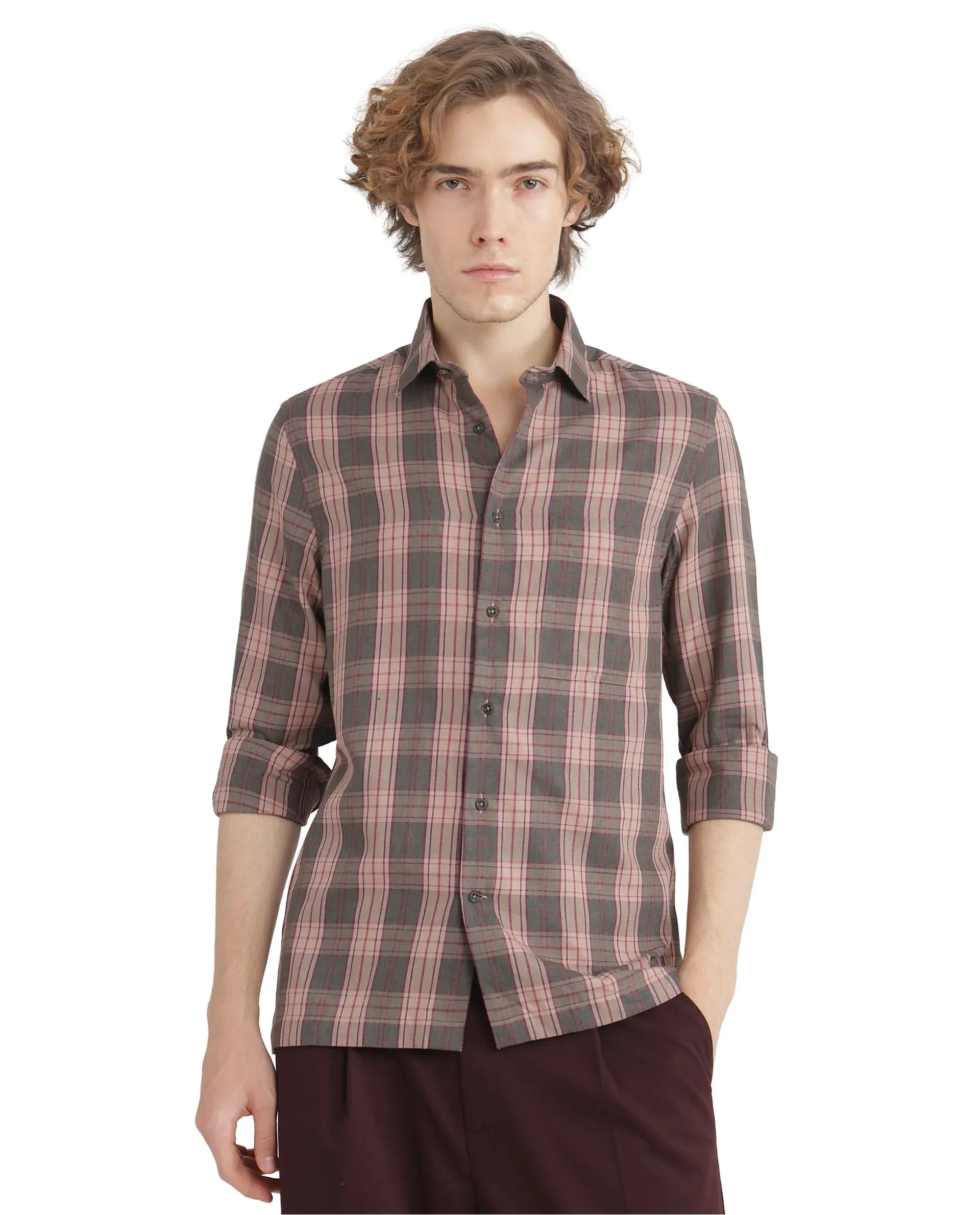 Rare Rabbit Men's Zamb Olive Cotton Fabric Full Sleeve Oversized Fit Graphic Back Print Checks Shirt