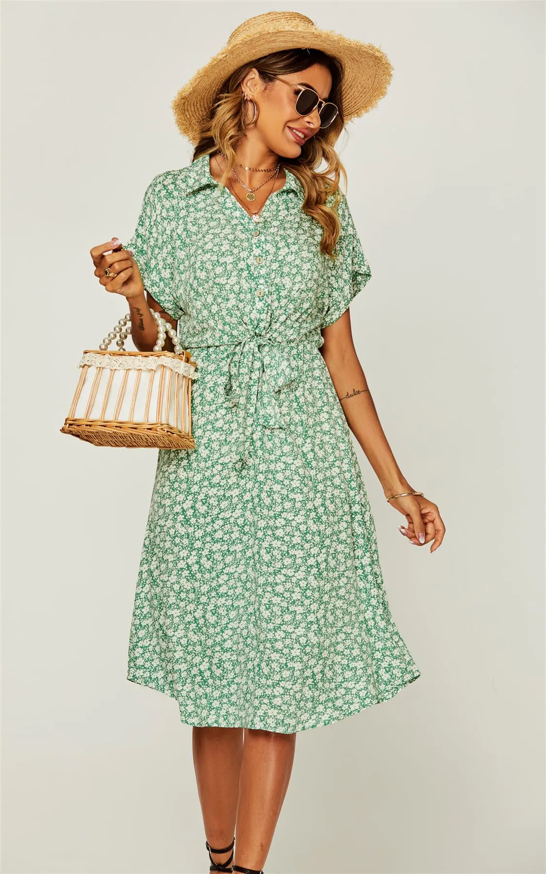 Relaxed Floral Print Button Down Midi Shirt Dress In Green