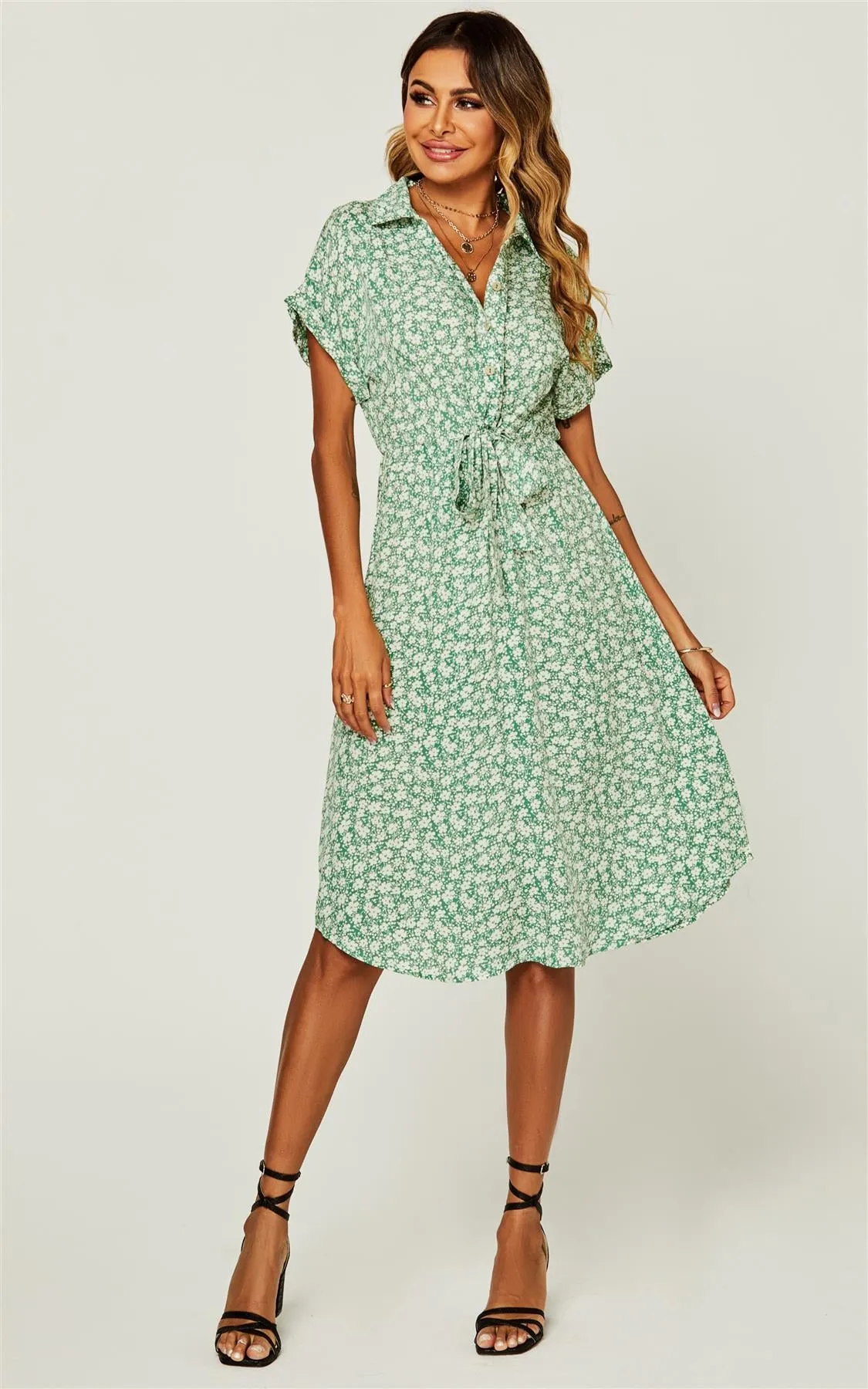 Relaxed Floral Print Button Down Midi Shirt Dress In Green