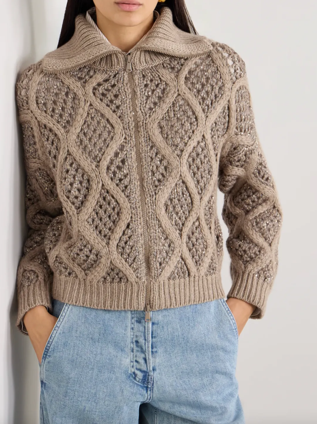 Sequin-embellished Open-knit Cashmere Cardigan