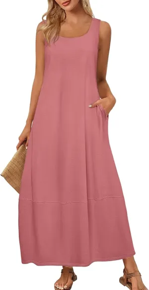 Sun Dresses for Women 2025 Vacation Sleeveless Summer Maxi Dress Floral Print U Neck Beach Dress with Side Pockets