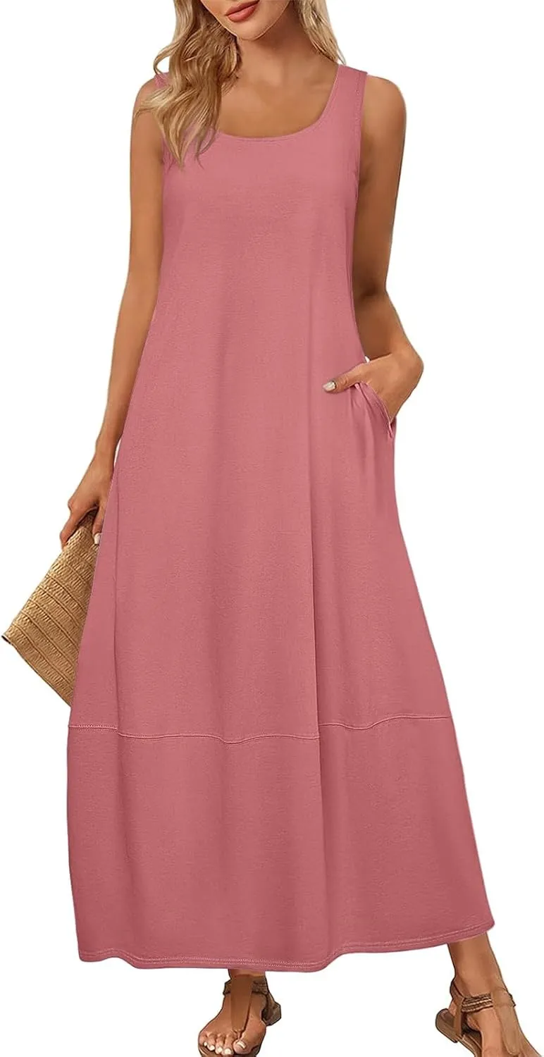 Sun Dresses for Women 2025 Vacation Sleeveless Summer Maxi Dress Floral Print U Neck Beach Dress with Side Pockets