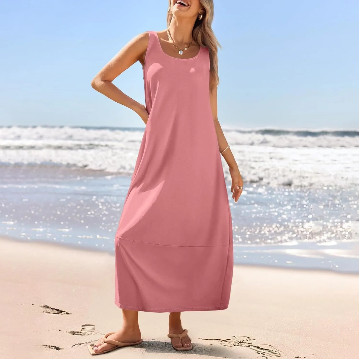 Sun Dresses for Women 2025 Vacation Sleeveless Summer Maxi Dress Floral Print U Neck Beach Dress with Side Pockets