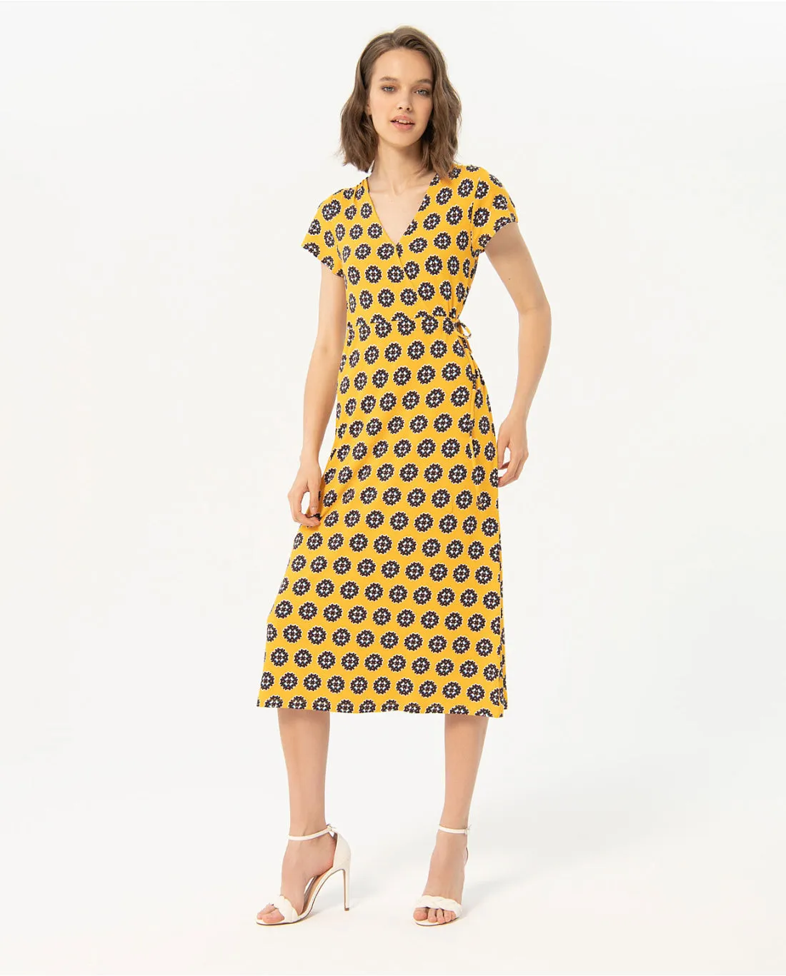 SURKANA <BR>
Printed midi cross over dress <BR>
Yellow <BR>
