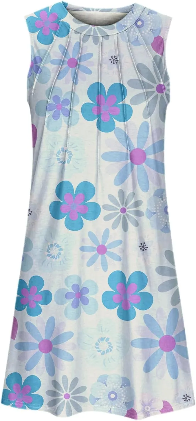Tank Mini Dress for Women Casual Loose Sleeveless Crewneck Floral Dresses Beach Summer Vacation Short Sundress
