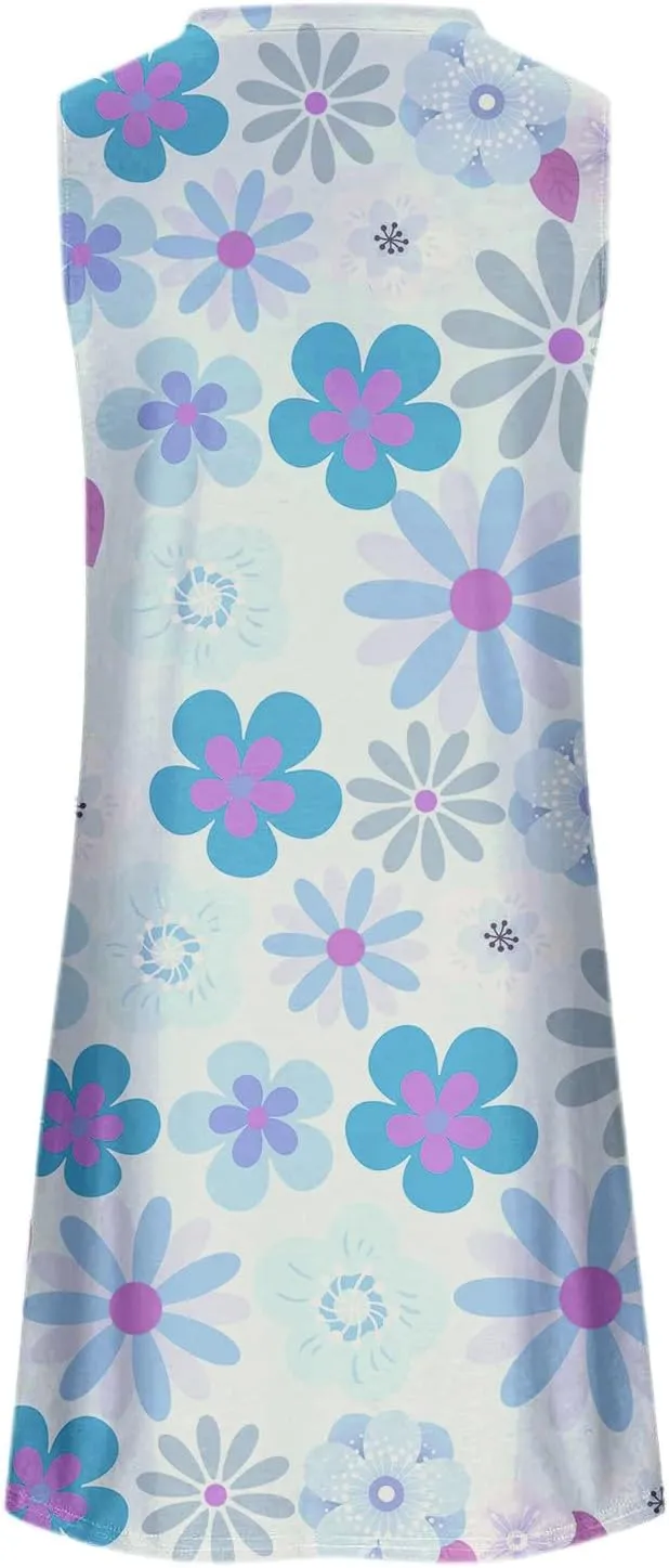 Tank Mini Dress for Women Casual Loose Sleeveless Crewneck Floral Dresses Beach Summer Vacation Short Sundress
