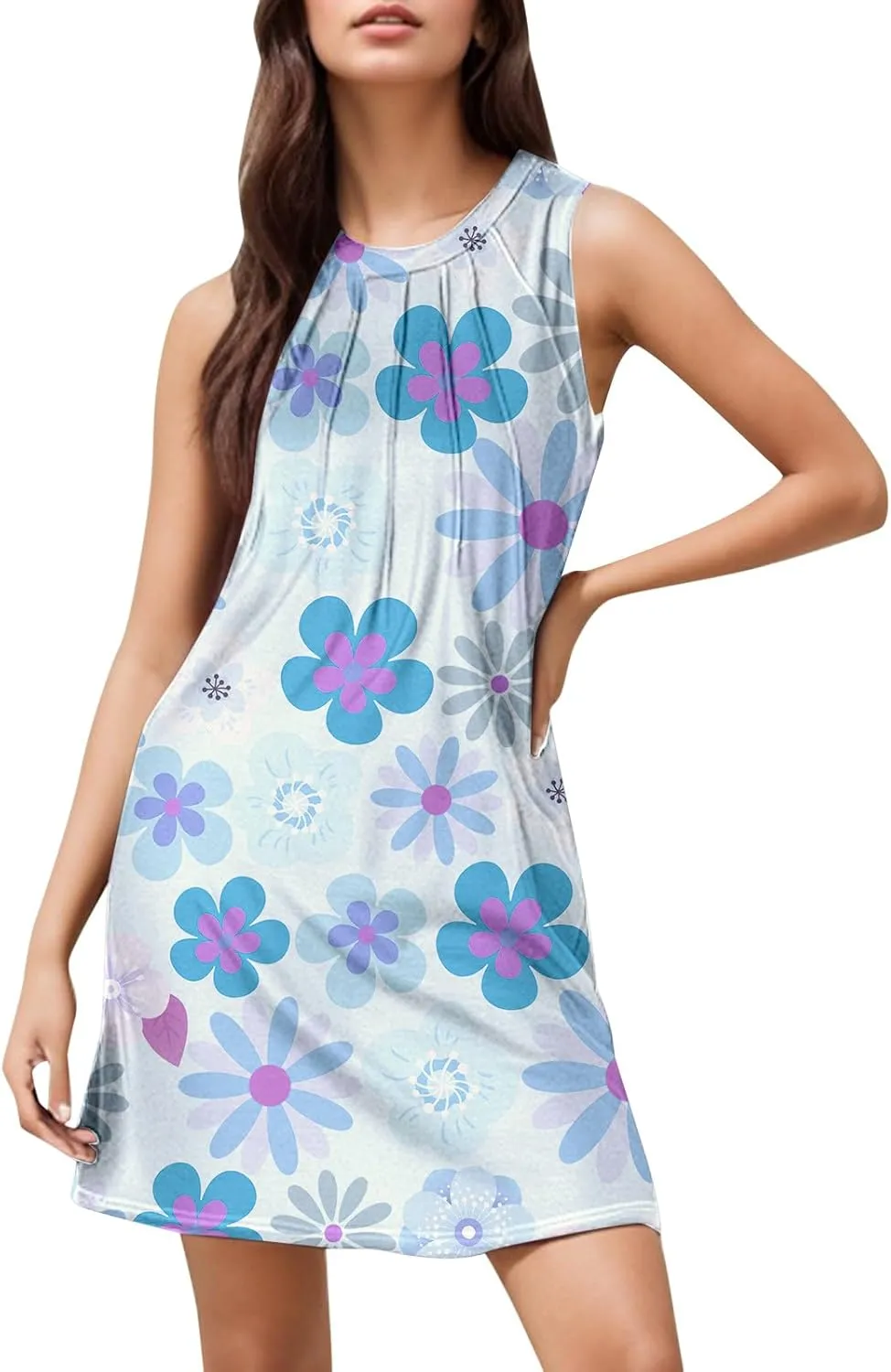 Tank Mini Dress for Women Casual Loose Sleeveless Crewneck Floral Dresses Beach Summer Vacation Short Sundress