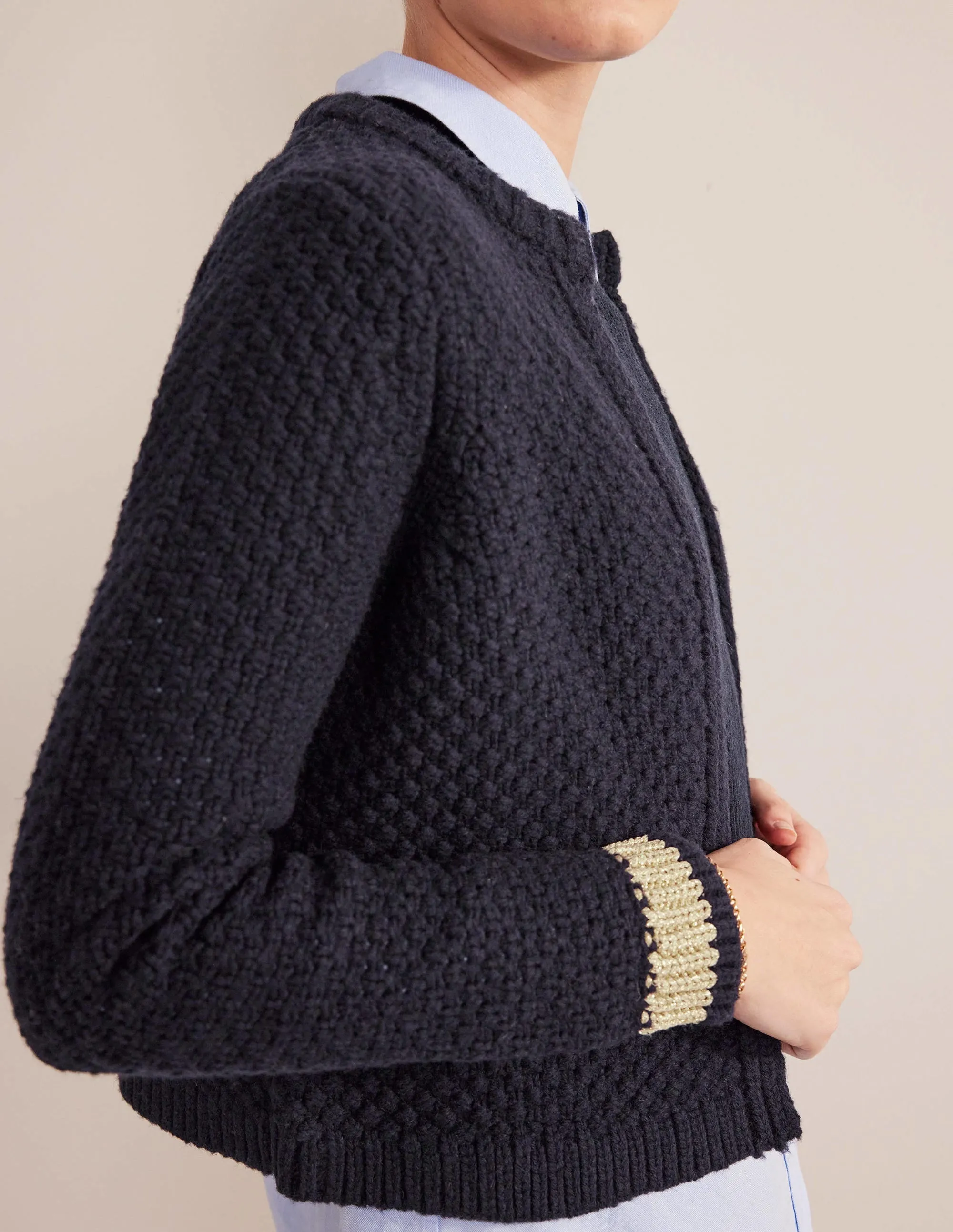 Textured Chunky Wool Cardigan-Navy, Gold