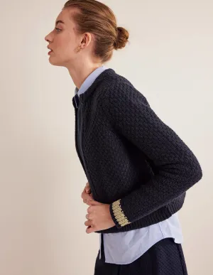 Textured Chunky Wool Cardigan-Navy, Gold