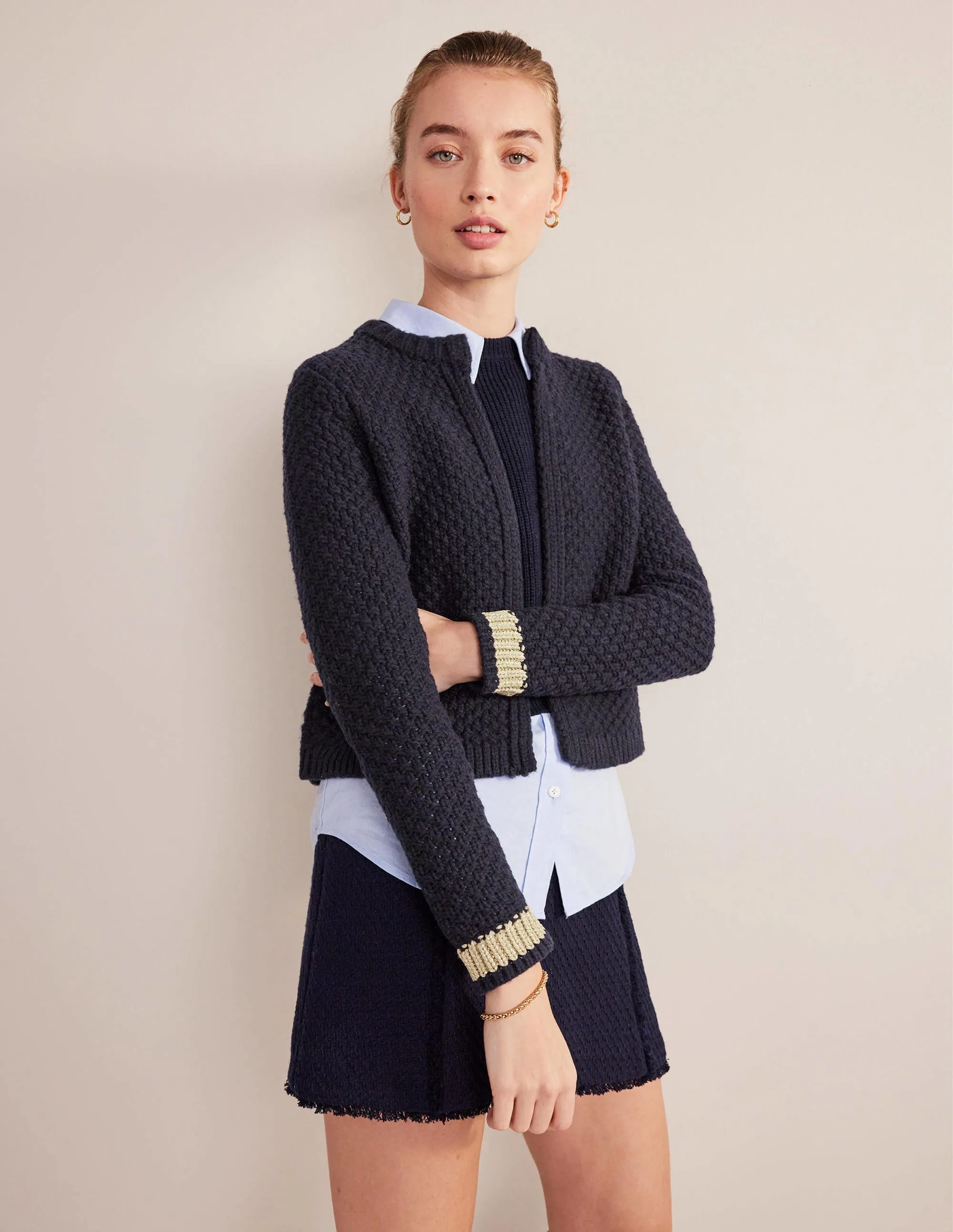 Textured Chunky Wool Cardigan-Navy, Gold