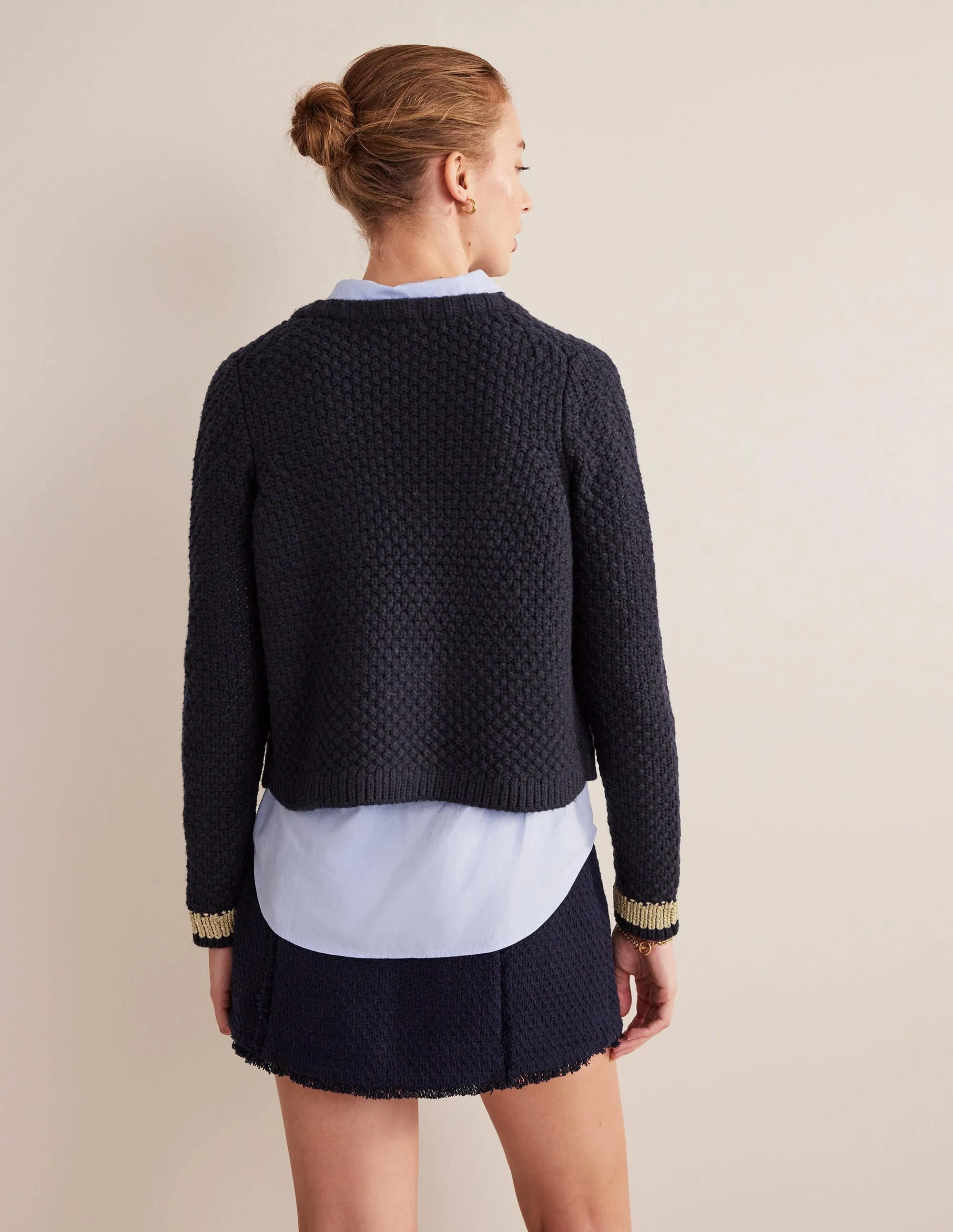 Textured Chunky Wool Cardigan-Navy, Gold