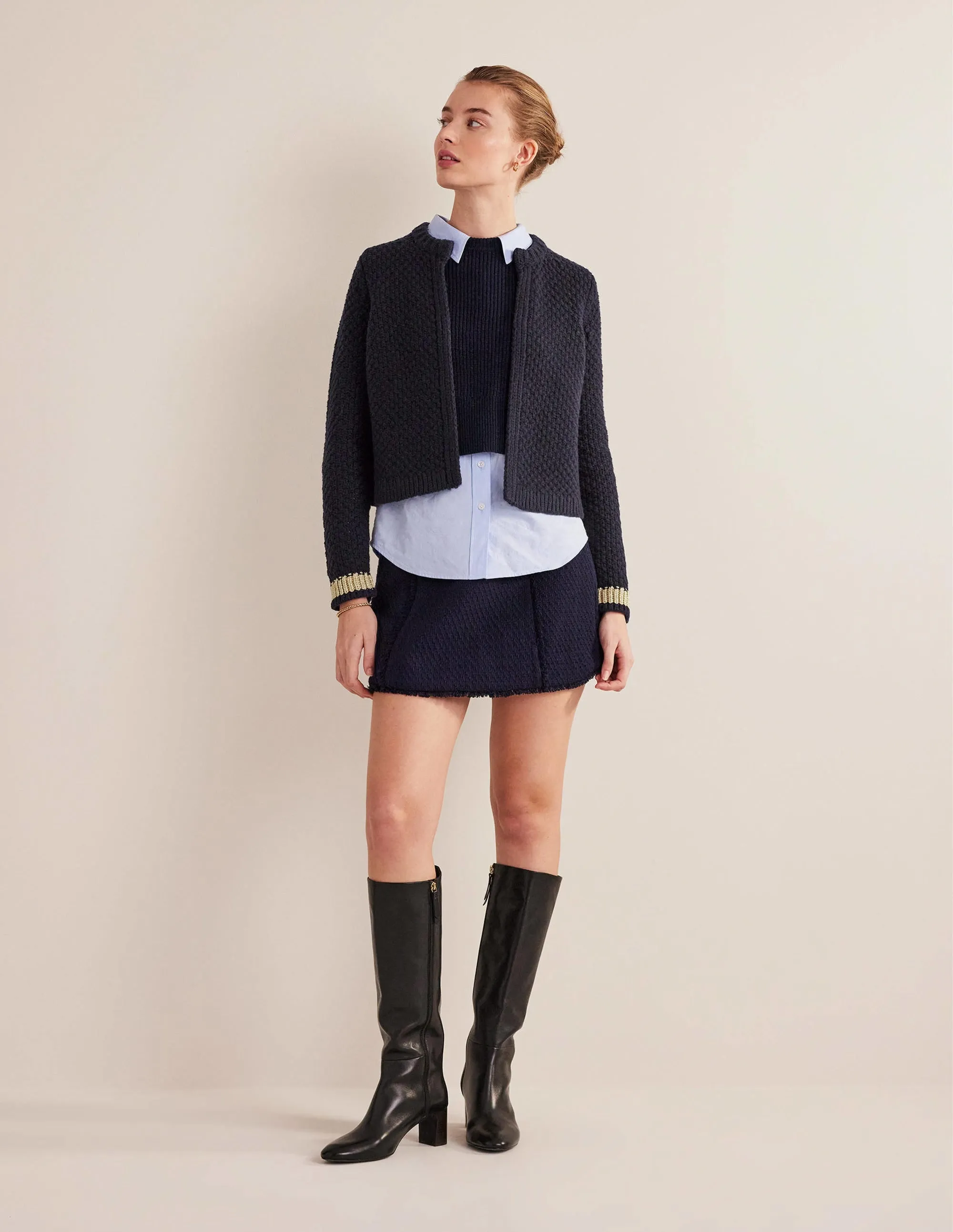 Textured Chunky Wool Cardigan-Navy, Gold