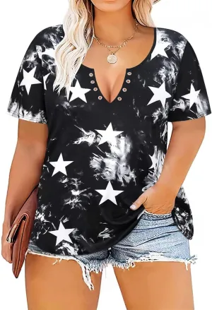 TIYOMI Plus Size T Shirt for Women Buttons Tops Short Sleeve Summer Sexy V-Neckline Shirts Solid/Tie Dye XL-5XL