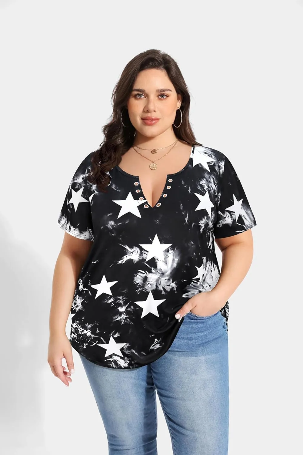 TIYOMI Plus Size T Shirt for Women Buttons Tops Short Sleeve Summer Sexy V-Neckline Shirts Solid/Tie Dye XL-5XL