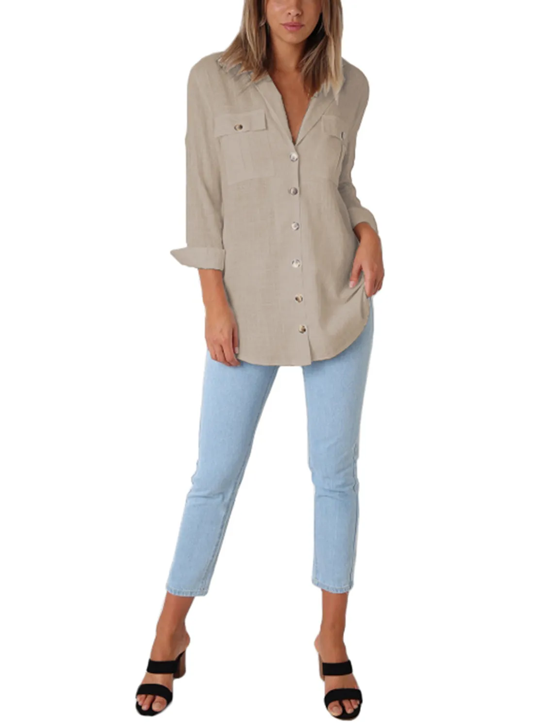 Vetinee Women's Casual Button Down Blouse Shirts Cuffed Sleeve Loose T-Shirt Tops
