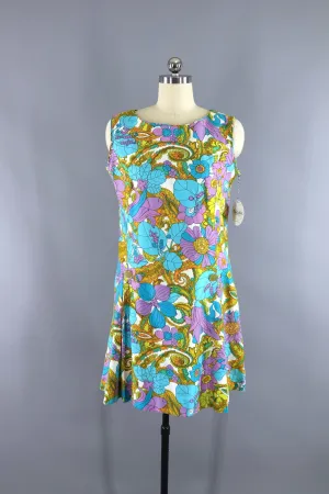 Vintage 1960s Betty Hartford Aqua Blue Mod Floral Print Day Dress