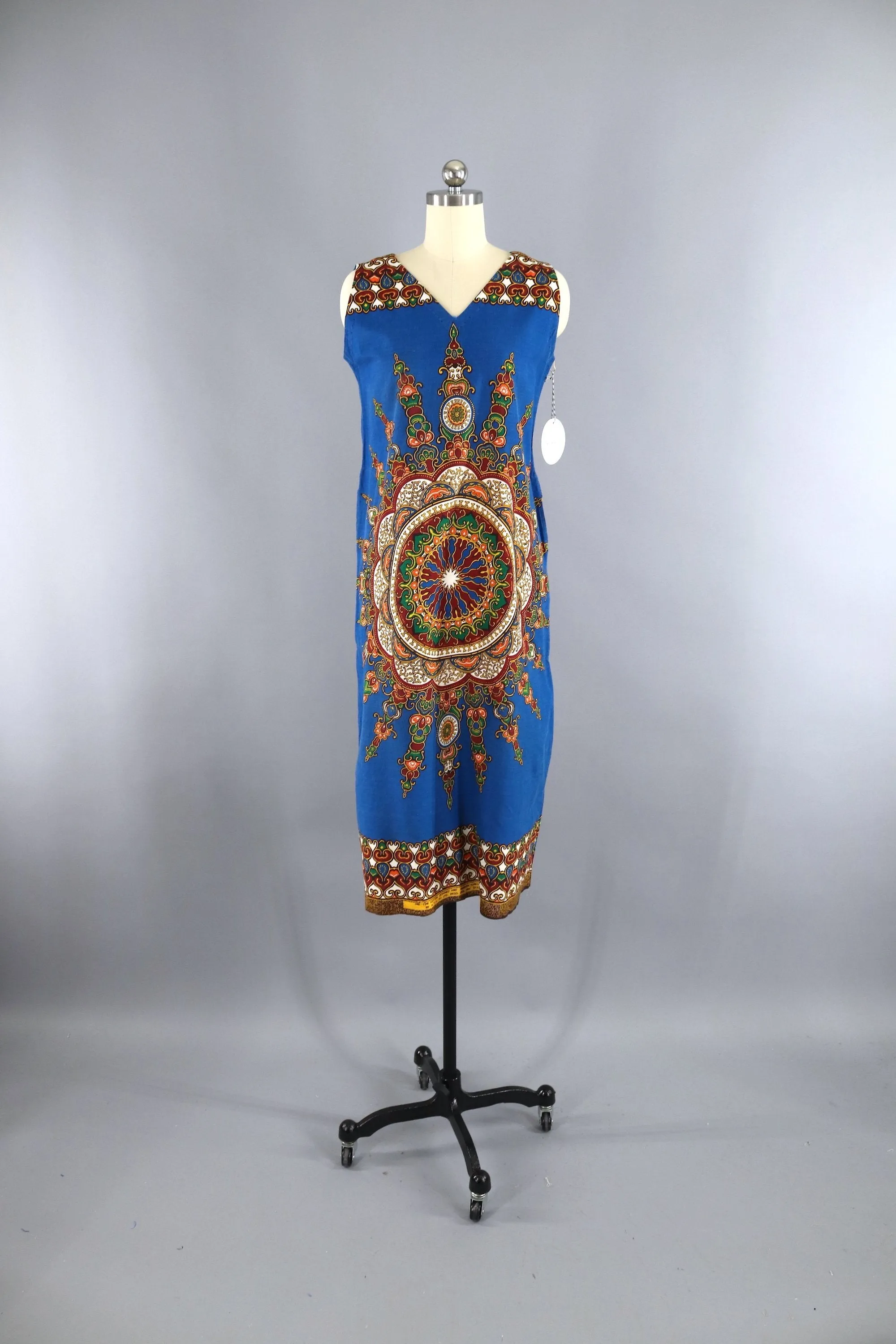 Vintage 1970s Kenya African Dress / Blue Cotton