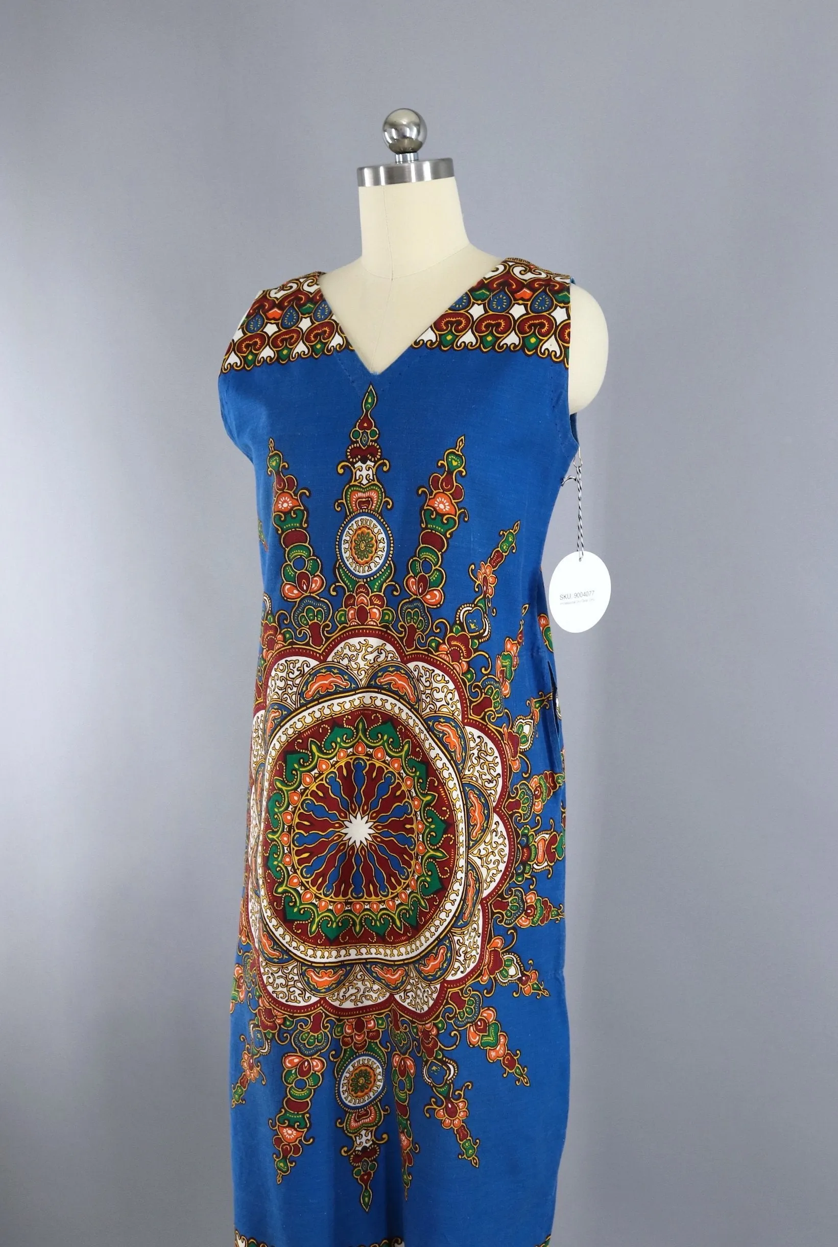 Vintage 1970s Kenya African Dress / Blue Cotton