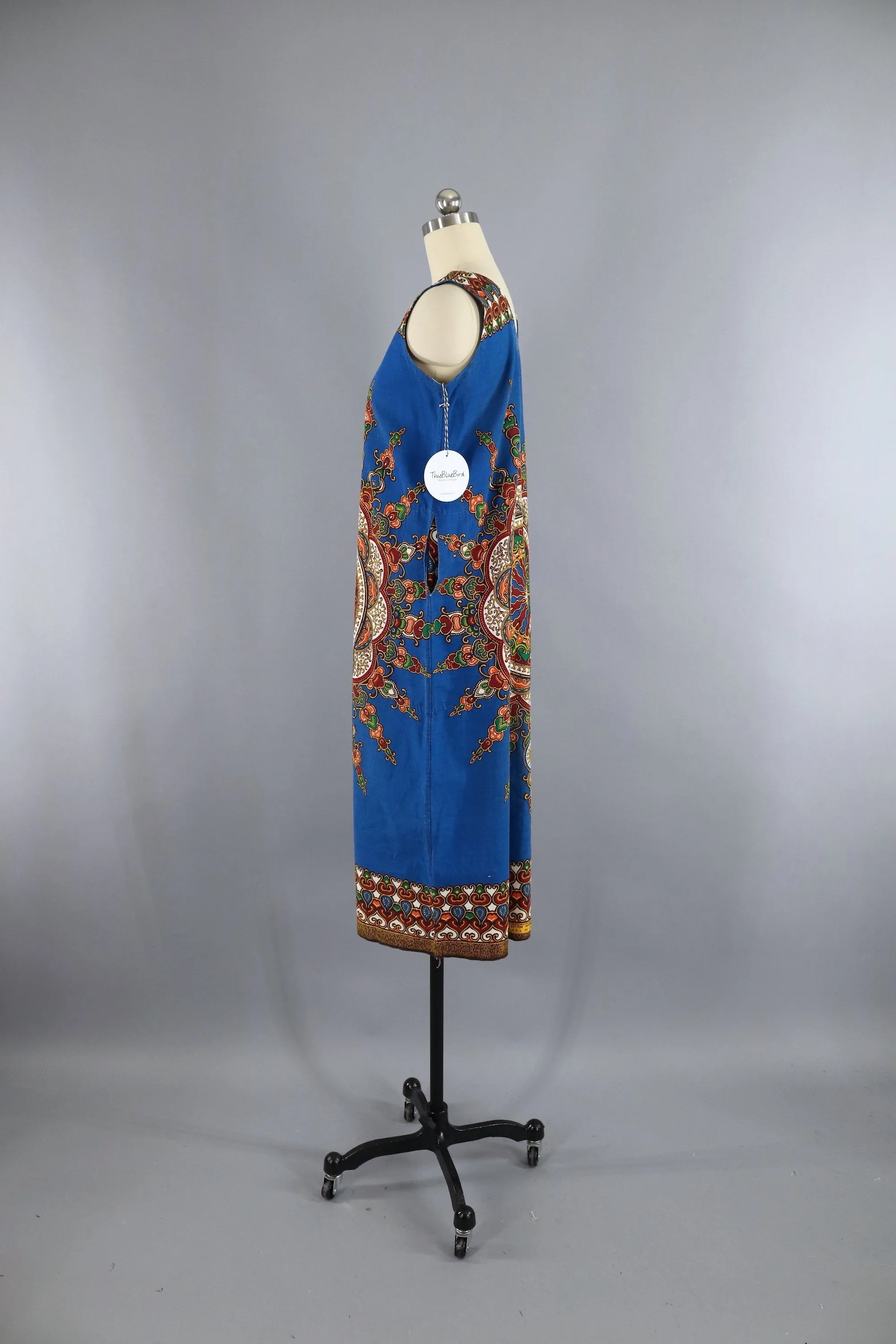 Vintage 1970s Kenya African Dress / Blue Cotton