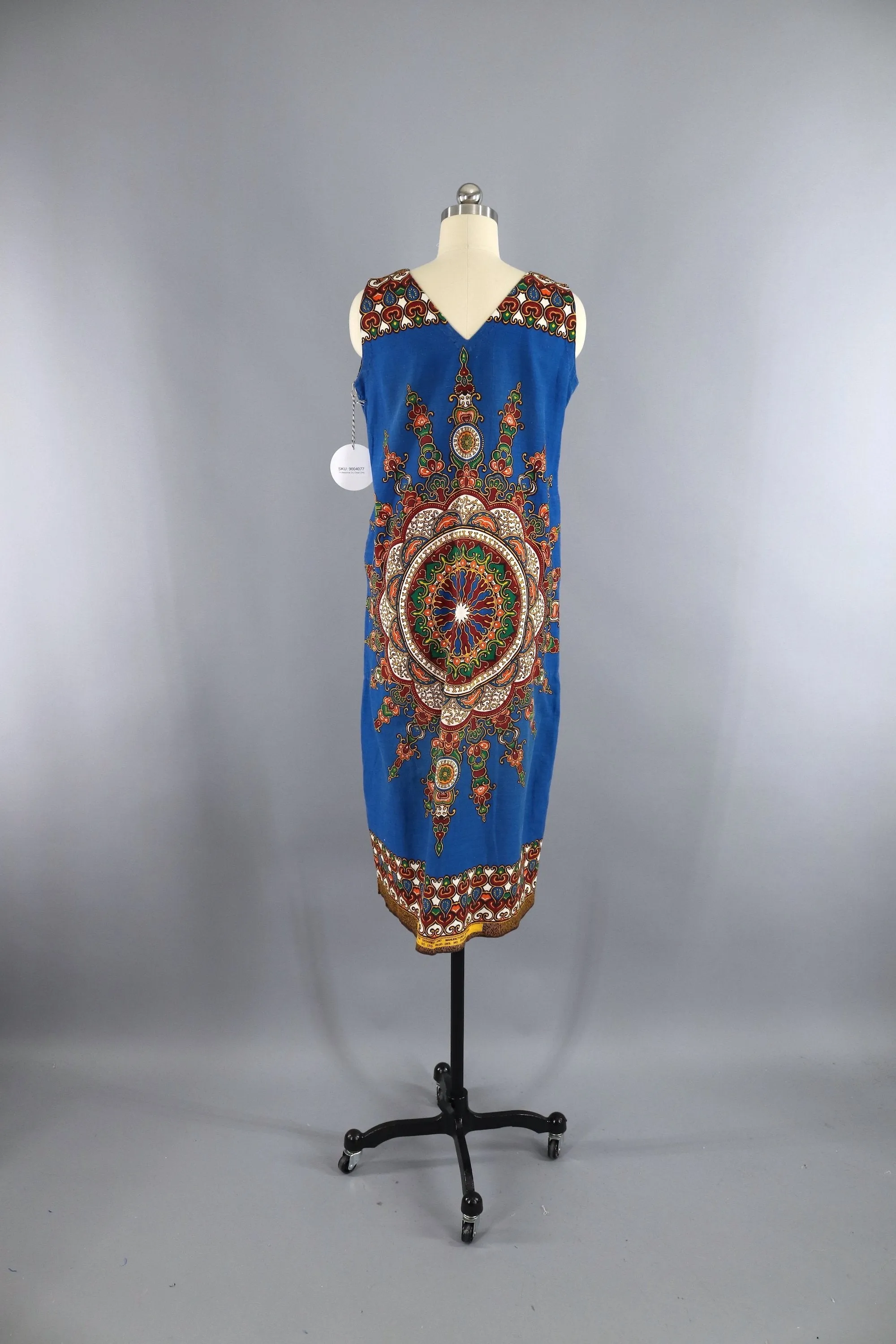 Vintage 1970s Kenya African Dress / Blue Cotton