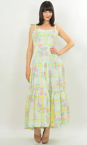 Vintage Boho Hippie plaid floral maxi dress sundress