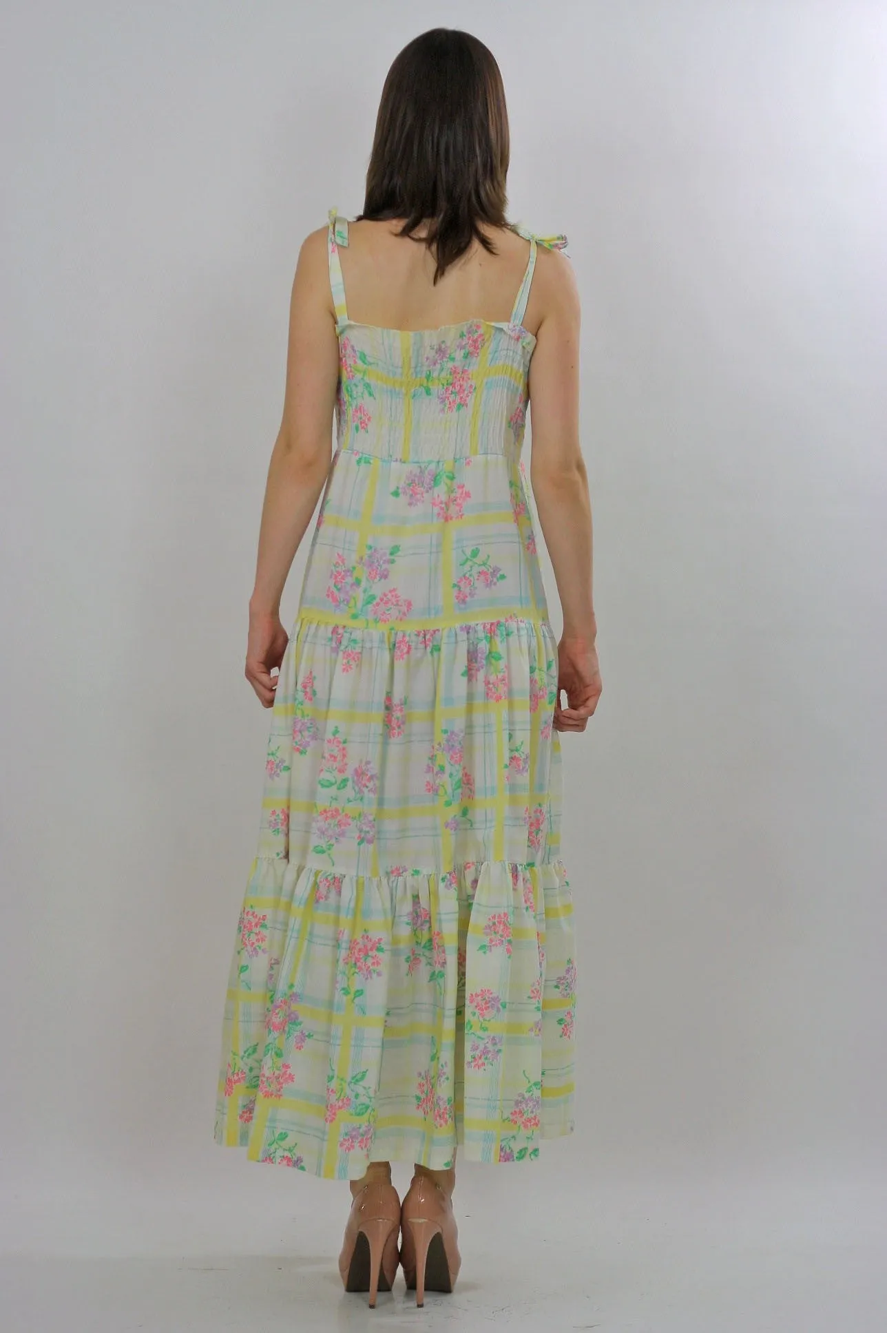 Vintage Boho Hippie plaid floral maxi dress sundress