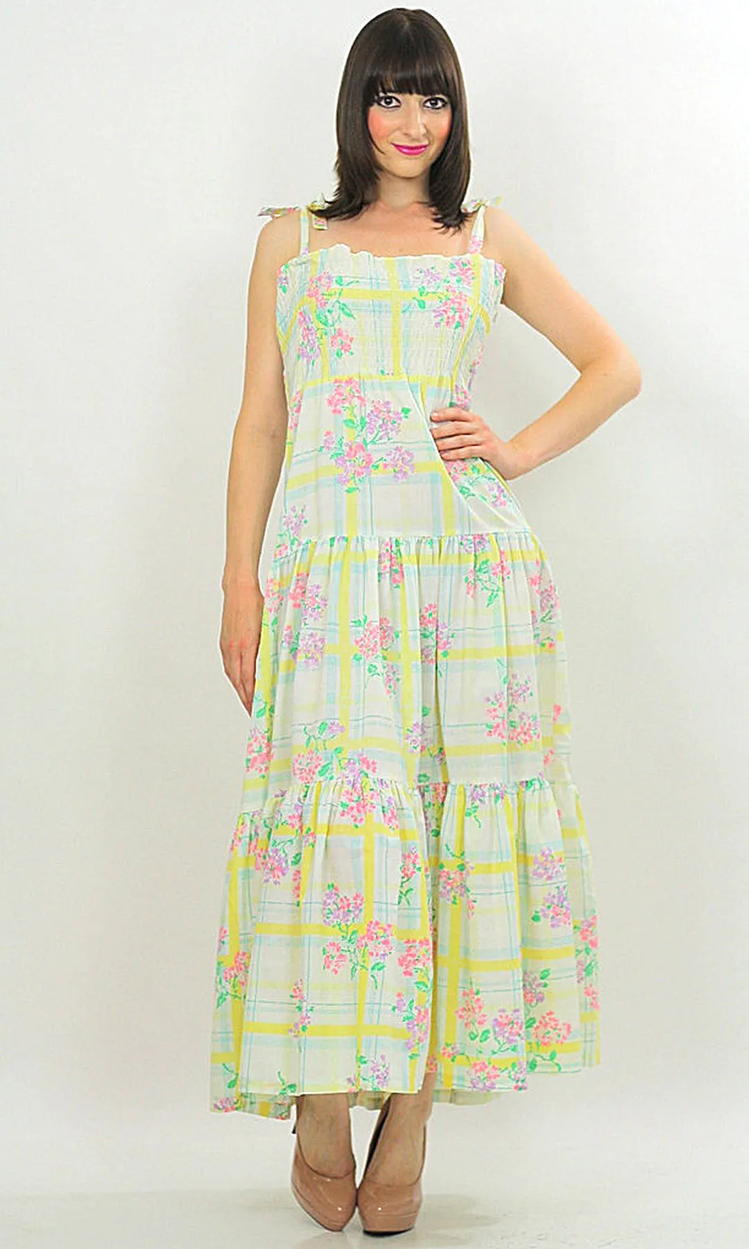 Vintage Boho Hippie plaid floral maxi dress sundress