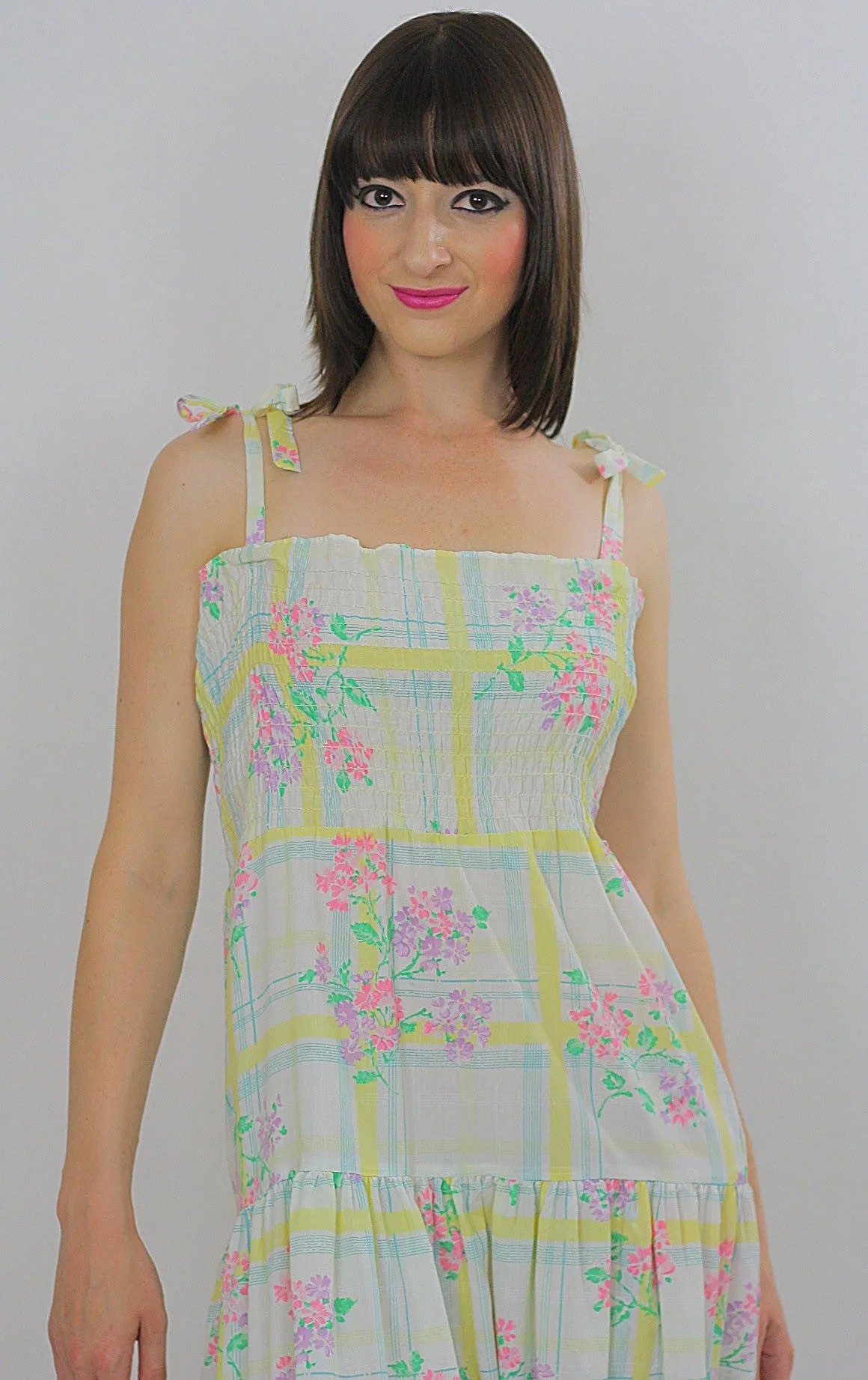 Vintage Boho Hippie plaid floral maxi dress sundress