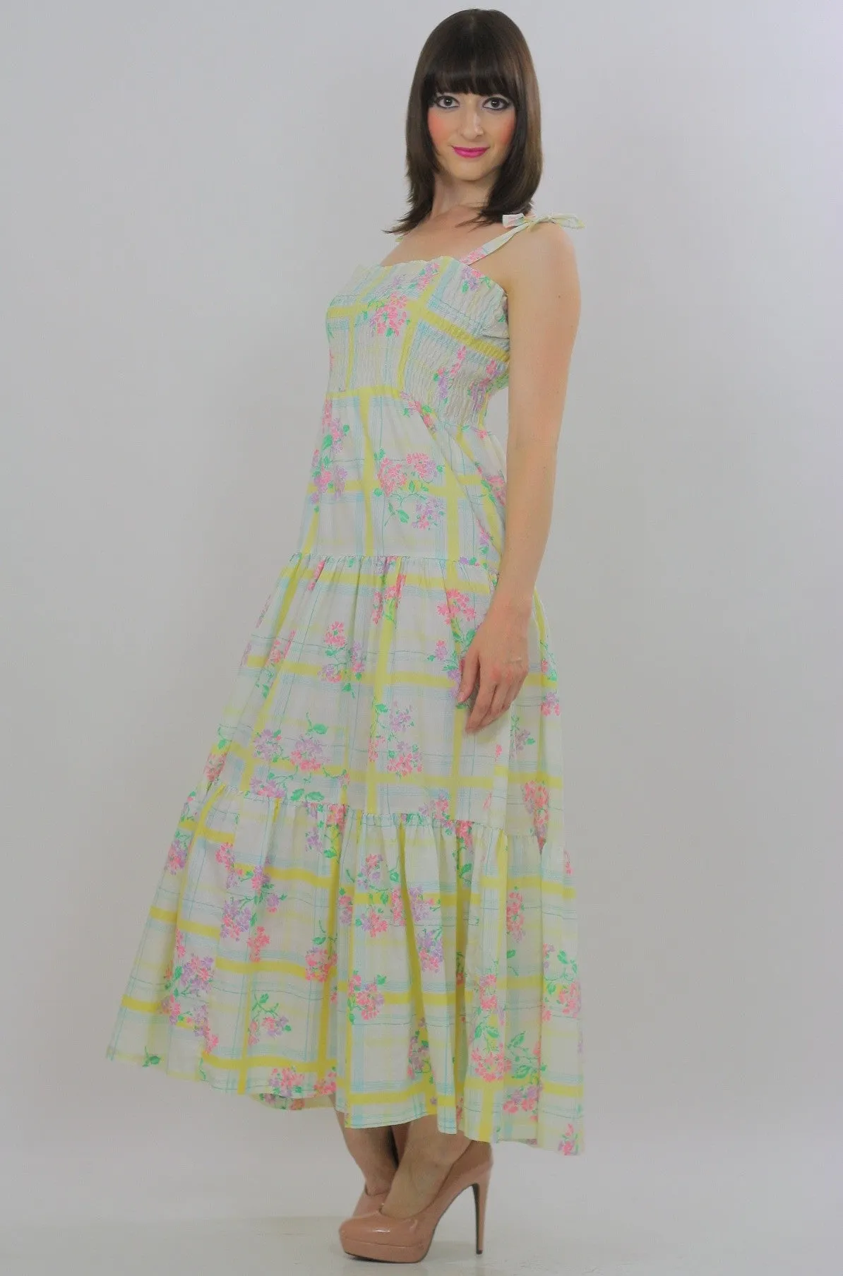 Vintage Boho Hippie plaid floral maxi dress sundress