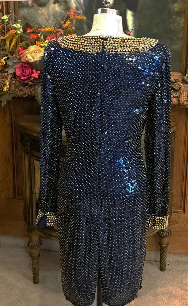 VINTAGE GLAMOROUS OLEG CASSINI BLACK TIE SILK NAVY SEQUIN GOLD BEADED COCKTAIL DRESS