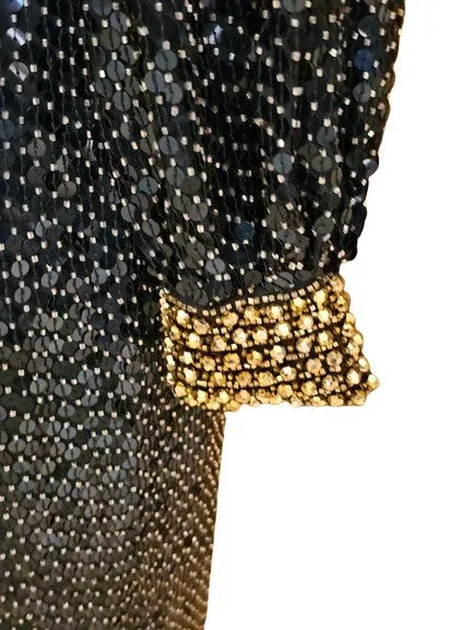 VINTAGE GLAMOROUS OLEG CASSINI BLACK TIE SILK NAVY SEQUIN GOLD BEADED COCKTAIL DRESS