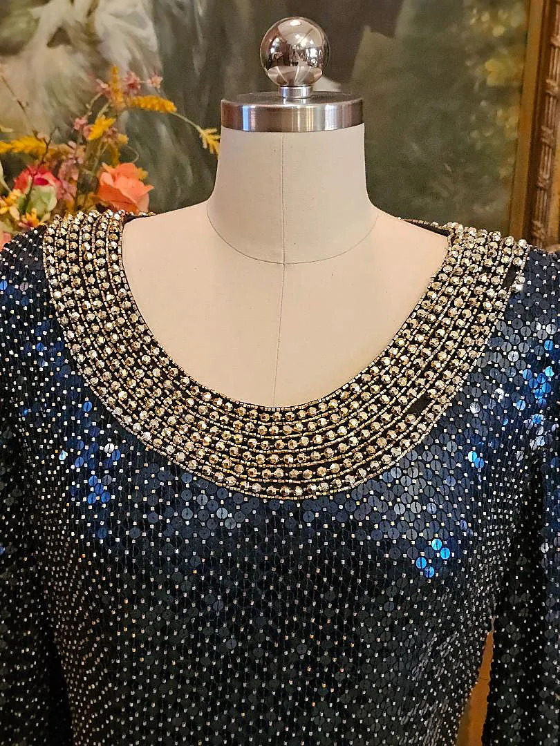 VINTAGE GLAMOROUS OLEG CASSINI BLACK TIE SILK NAVY SEQUIN GOLD BEADED COCKTAIL DRESS