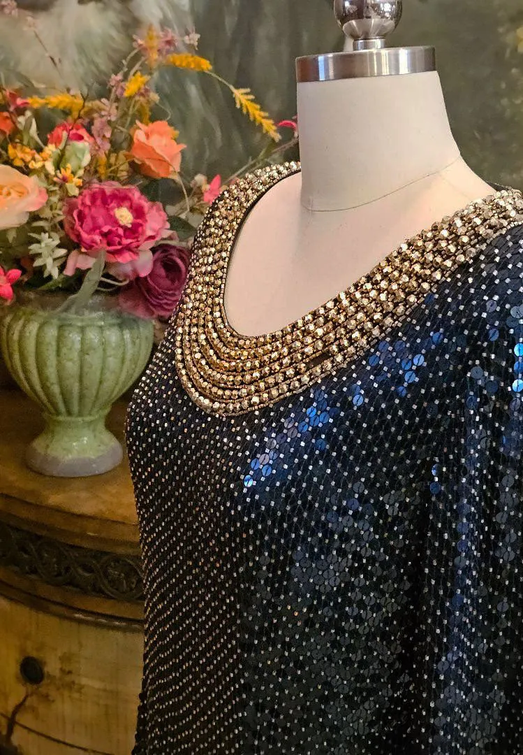 VINTAGE GLAMOROUS OLEG CASSINI BLACK TIE SILK NAVY SEQUIN GOLD BEADED COCKTAIL DRESS
