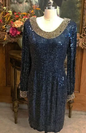 VINTAGE GLAMOROUS OLEG CASSINI BLACK TIE SILK NAVY SEQUIN GOLD BEADED COCKTAIL DRESS