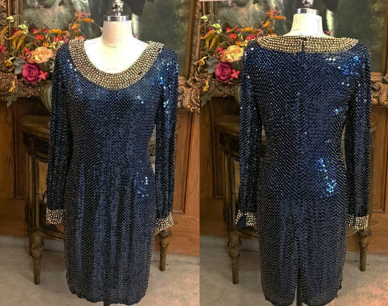 VINTAGE GLAMOROUS OLEG CASSINI BLACK TIE SILK NAVY SEQUIN GOLD BEADED COCKTAIL DRESS