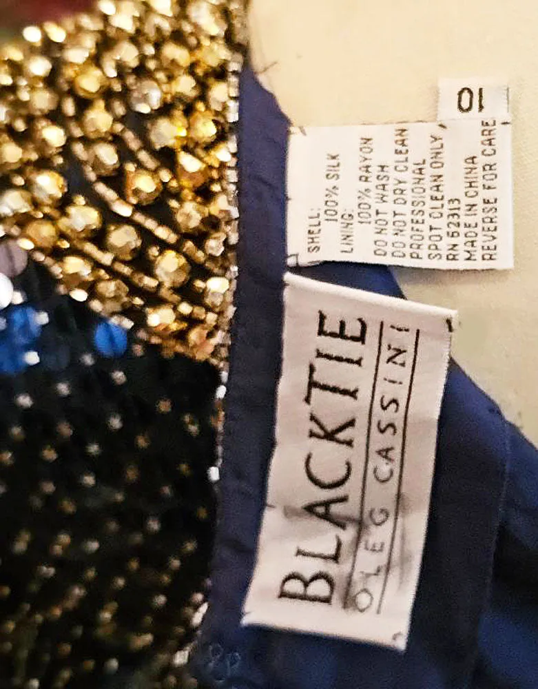 VINTAGE GLAMOROUS OLEG CASSINI BLACK TIE SILK NAVY SEQUIN GOLD BEADED COCKTAIL DRESS