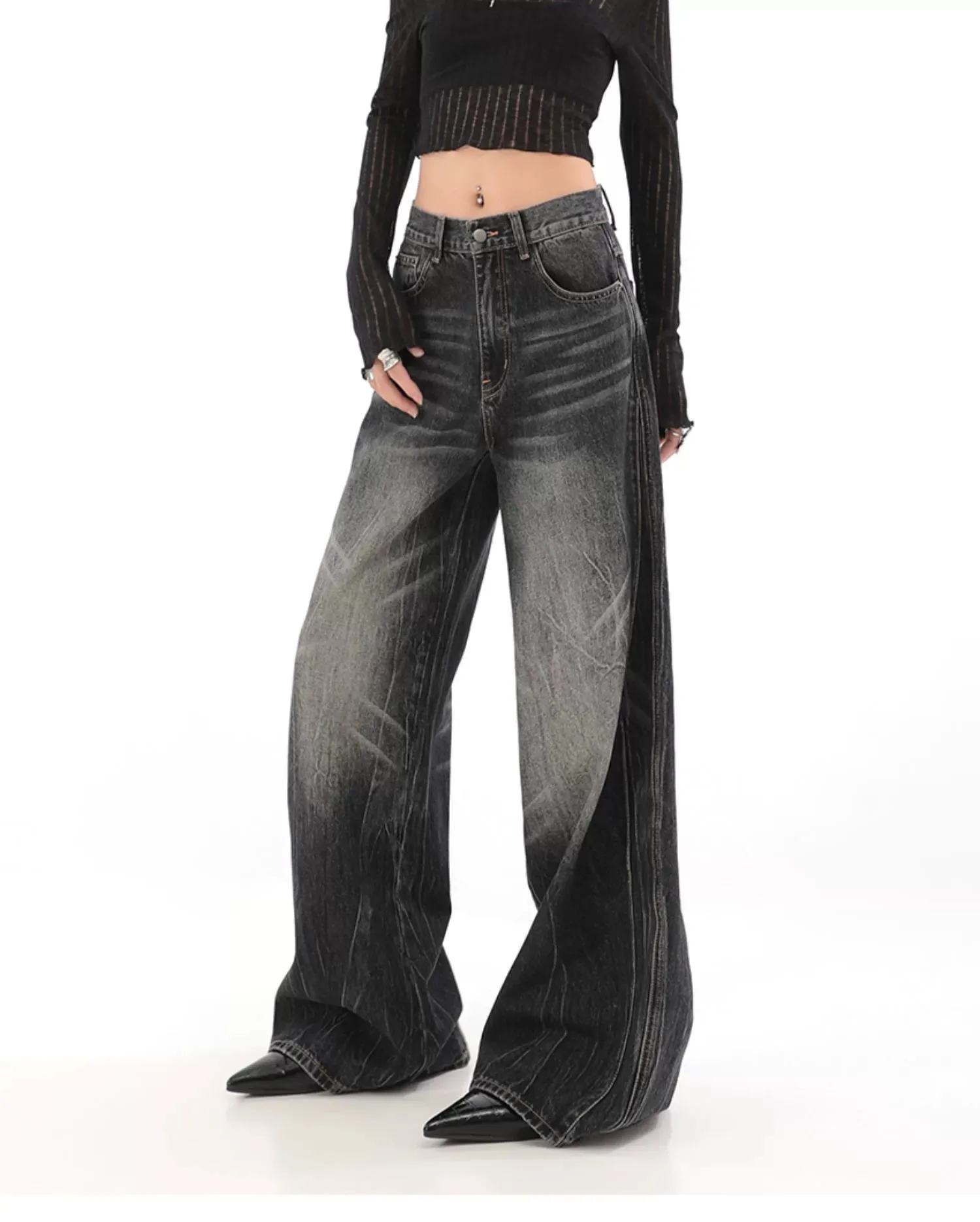 Wide-Leg Denim Vintage Wash Jeans