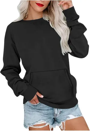 Women Round Neck Pullover Shirts Long Sleeve Solid Color Casual Sweatshirt Loose Fit Casual Tops with Pocket Fall Clothes