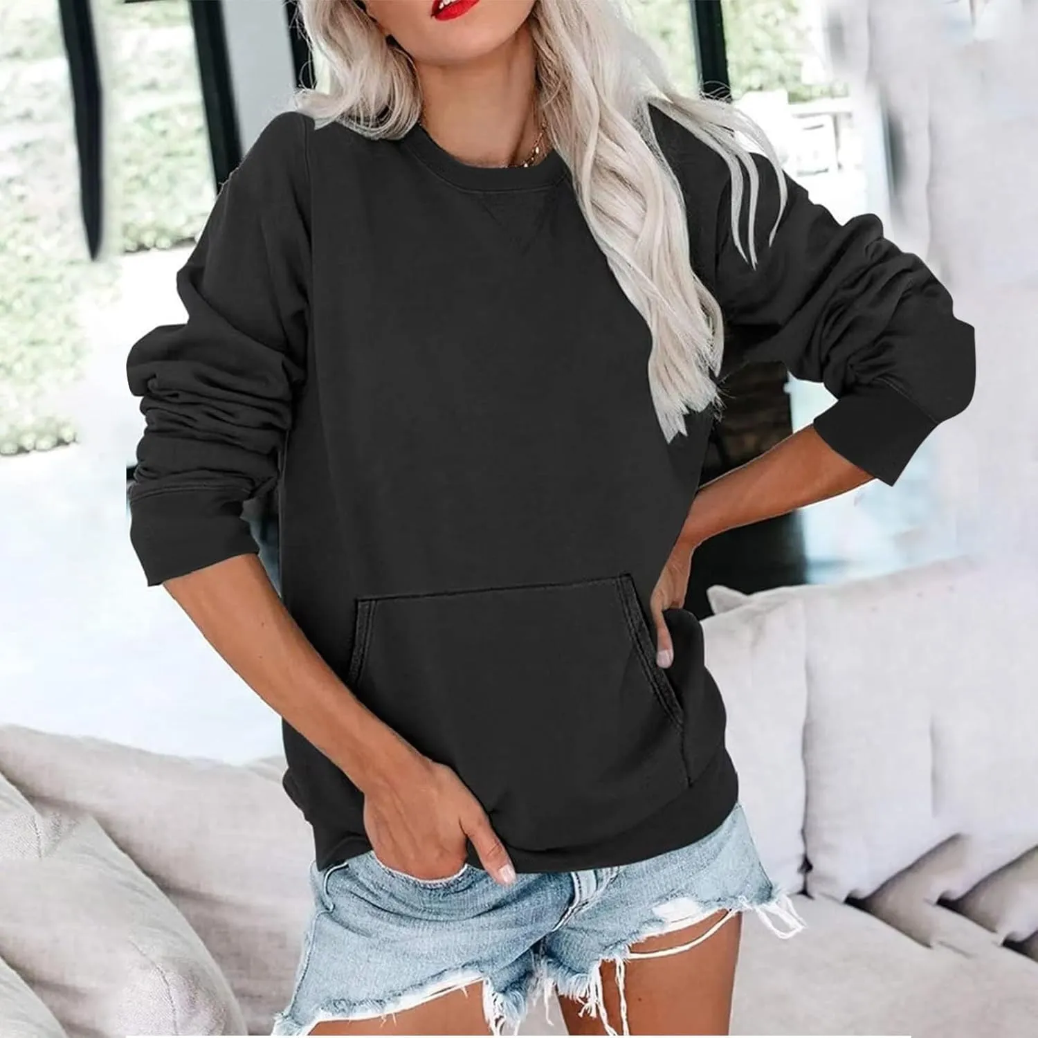 Women Round Neck Pullover Shirts Long Sleeve Solid Color Casual Sweatshirt Loose Fit Casual Tops with Pocket Fall Clothes
