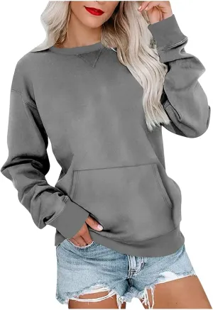 Women Round Neck Pullover Shirts Long Sleeve Solid Color Casual Sweatshirt Loose Fit Casual Tops with Pocket Fall Clothes