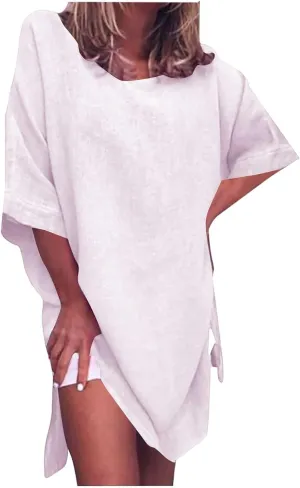 Women Summer Crew Neck Half Sleeve Midi Dress Casual Side Split Plus Size Wrinkle-Free Travel Vacation T Shirt Dress