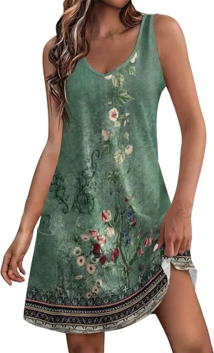 Women's Casual Dresses Sleeveless Floral Print Loose Summer Mini Dress Vacation Trendy Beach Hawaiian Sun Dress