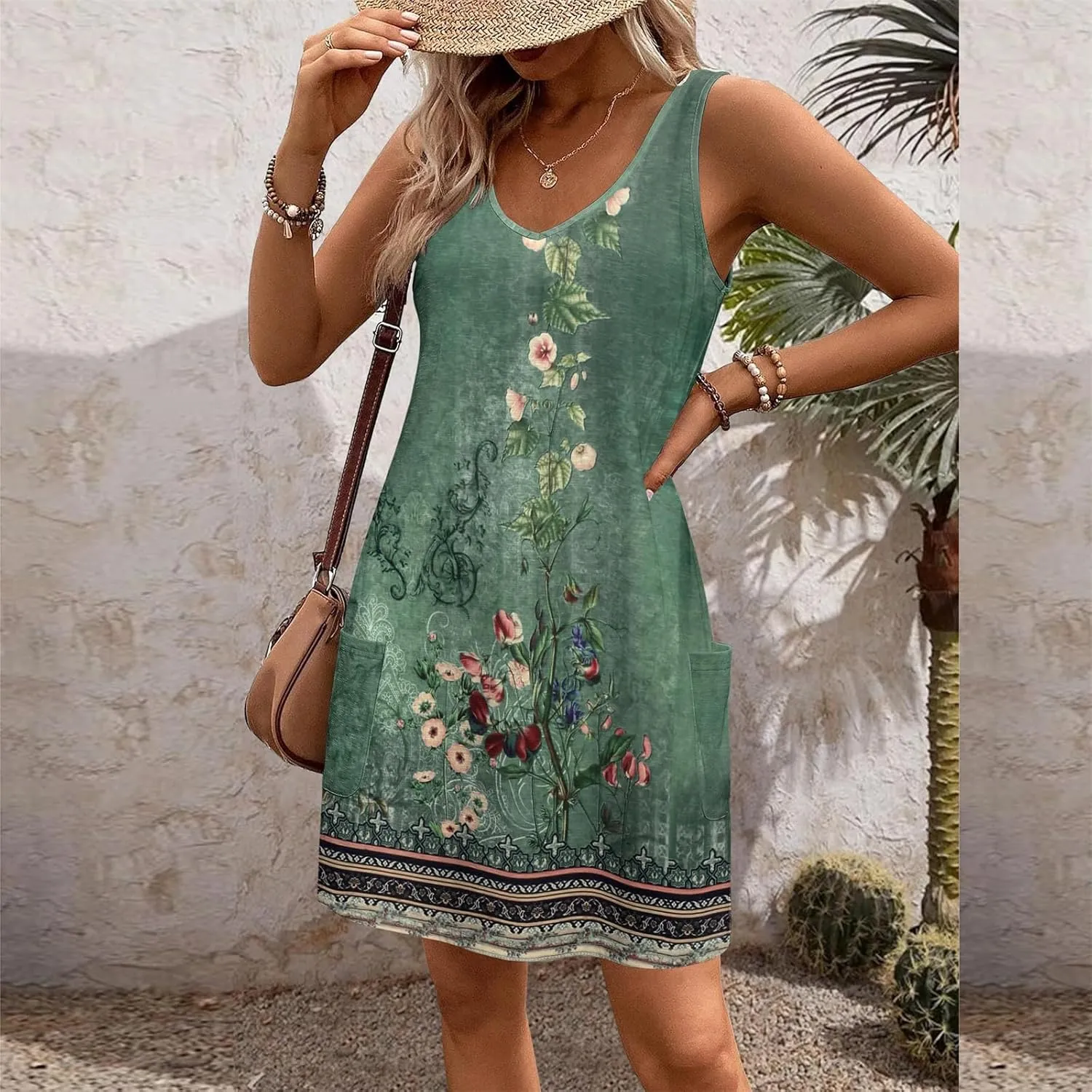 Women's Casual Dresses Sleeveless Floral Print Loose Summer Mini Dress Vacation Trendy Beach Hawaiian Sun Dress