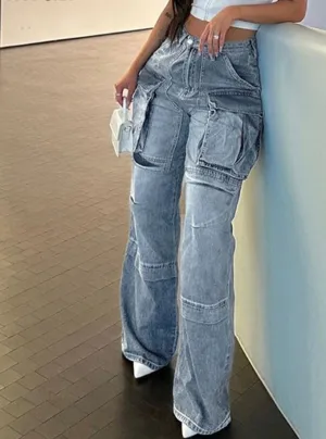 Women's  Clothing  High Waist Baggy Denim  Loose Cargo Jeans