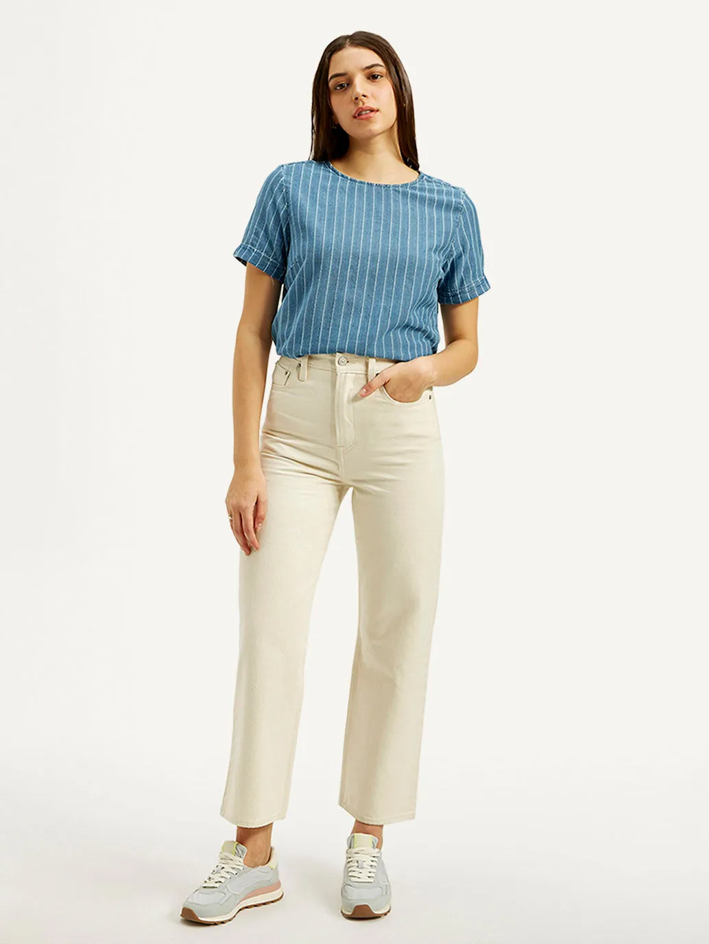 Women's Cream Straight Fit High Rise Jeans