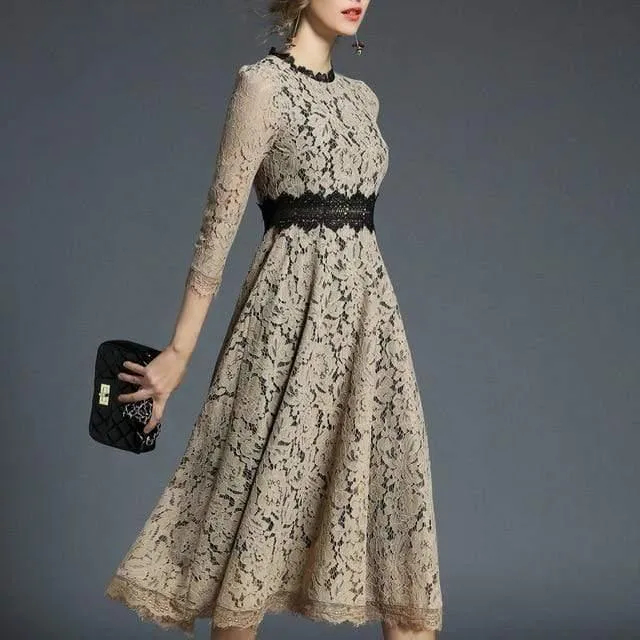 Women's Luxury Runway Dress – Elegant Spring Blue & Khaki Lace Patchwork Long Dress