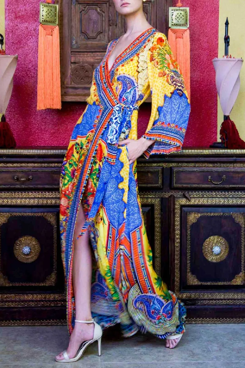 Yellow Womens Wrap Dress Long Sleeve
