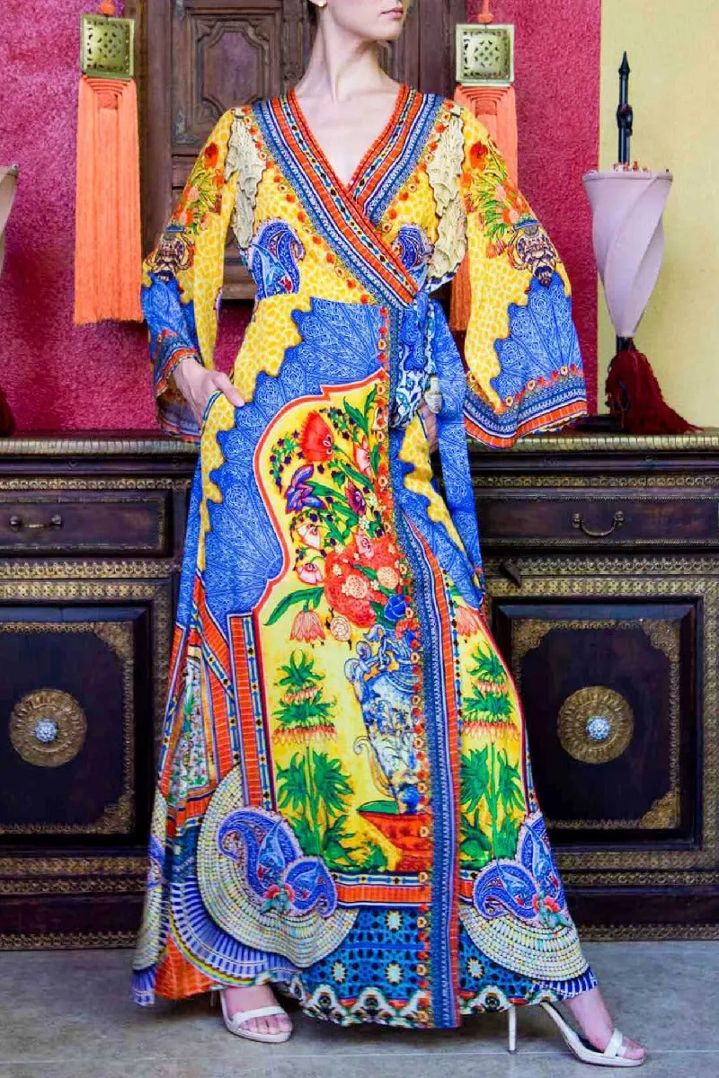 Yellow Womens Wrap Dress Long Sleeve